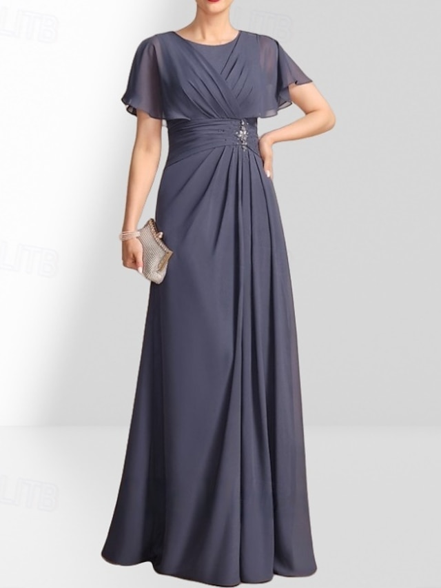  A-linje Mor til bruden Kjole Bryllupsgjester Elegant Crew Hals Gulvlengde Chiffon Korte Ermer med Pynt Rynking