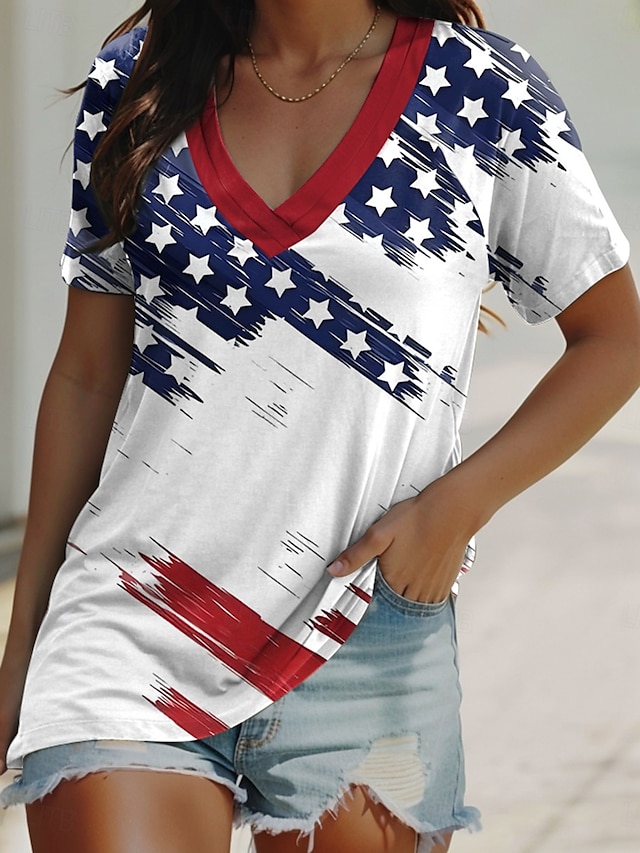  Independence Day Women's Patriotic Fourth of July T Shirt Flag Casual Red White And Blue Short Sleeve V Neck Regular Tops Daily Print Black Blue Summer