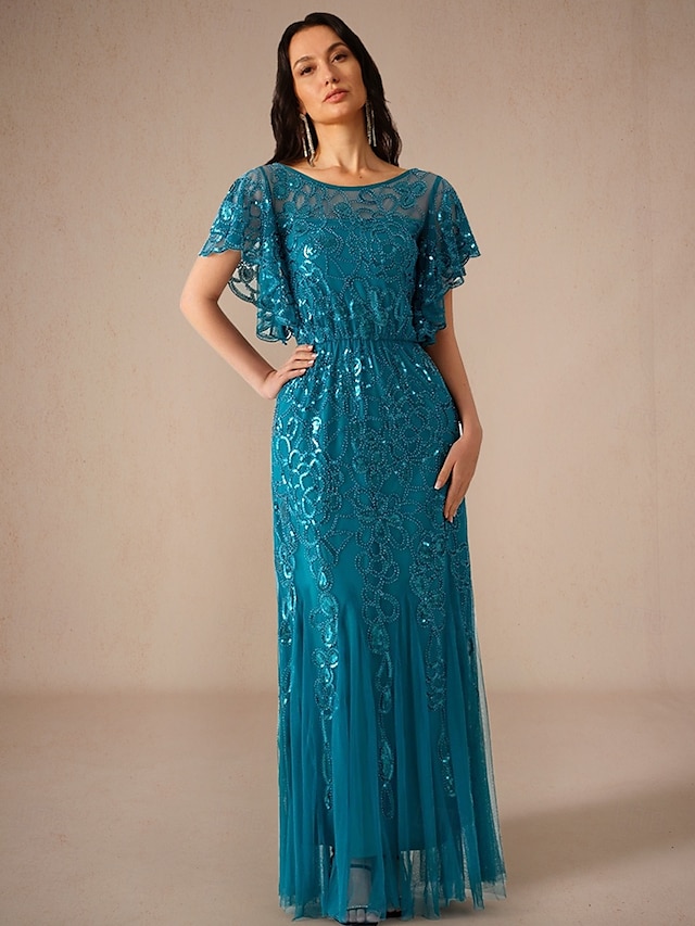  Šaty pro svatební hosty typu sheath  sloupcové elegantní šaty formální svatební host podlahové délky krátký rukáv lodičkový výstřih krajkové s perličkovými aplikacemi