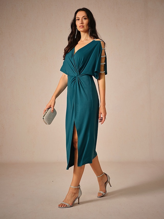  Femme Robe mi-longue Robe en maille Elégant mode Soirée Rendez-vous Standard Couleur unie Manche Courte Col V Bleu Encre Eté