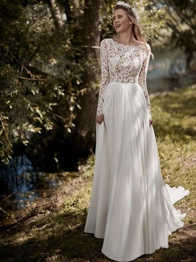  Lässige Hochzeitskleider A-Linie Strandhochzeit Scalloped Neck Boho Barpque Spitze Langarm Sweep  Brush Train Spitze Brautkleider Falten Chiffon