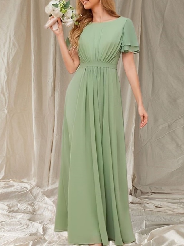  Vestido de dama de honra em linha A, gola redonda, manga curta, elegante, comprimento até o chão, chiffon com faixa / fita / franzido 2025