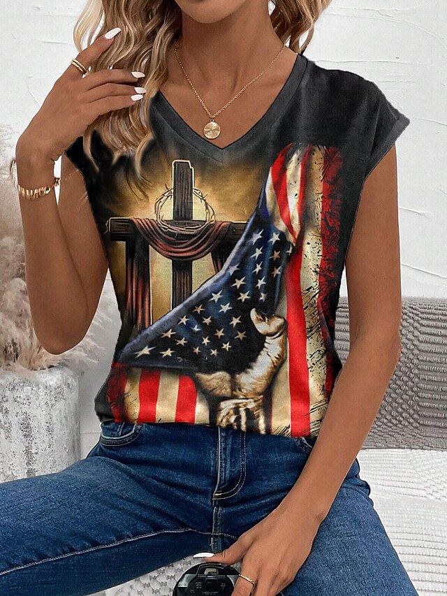 Women's Patriotic  Camisole Tank Top Graphic Flag Stylish Casual Sleeveless V Neck Regular Tops Daily Print Black Summer4