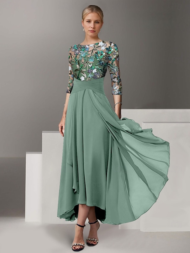  A-Linie Kleid Brautmutterkleid Hochzeitsgast Kirche Elegant Vintage Illusionsausschnitt Knöchellänge Chiffon Halbarm mit Paillette Stickerei 2025