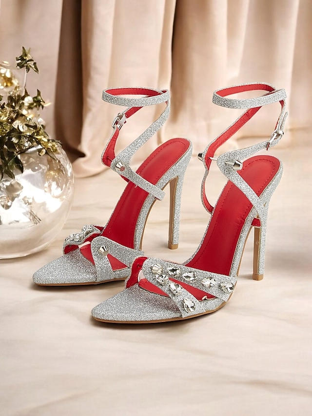  Women's Silver Glitter Stiletto Sandals – Rhinestone Ankle Strap High Heels for Cocktail Party & Evening Wear