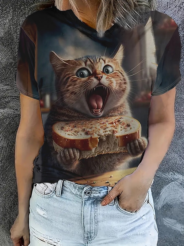  Dam T-shirt Summer Tops Grafisk Katt Klassisk Ledigt Kortärmad Rund hals Crop Tops Dagligen Helgen Mönster Regnbåge Sommar Vår Höst