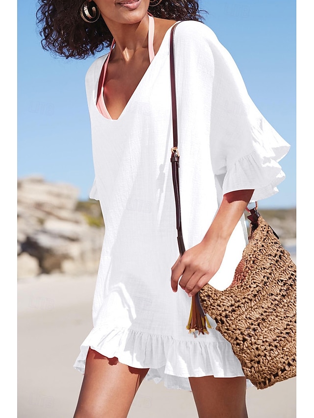  Per donna Costumi da bagno Prendisole Costume da bagno Con balze Estate Liscio Spacco a V Maniche corte Costumi da bagno