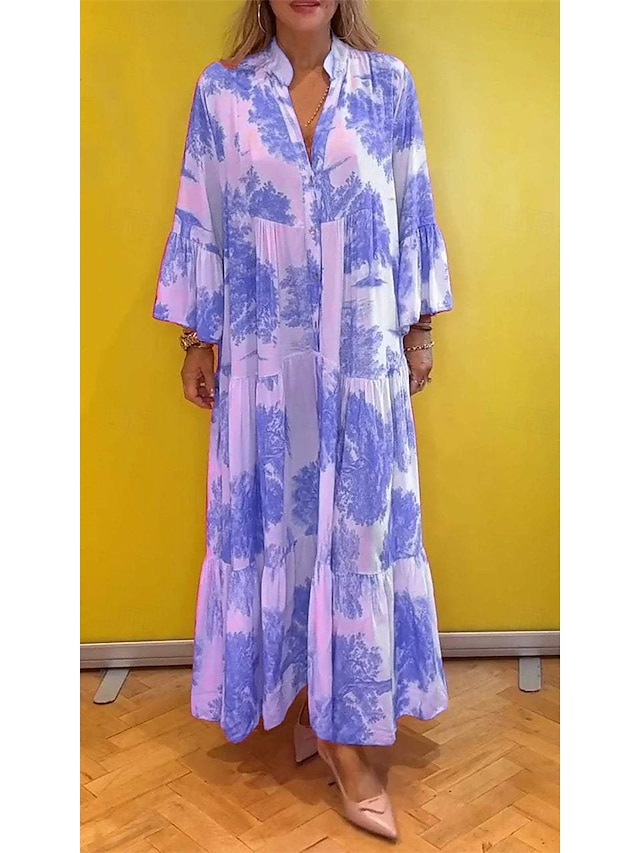 Damen kleid lang Casual kleid Schaukelkleid Sommerkleid Elegant Modisch Modern Täglich Strand Wochenende Regular Fit Blumen Langarm Gespaltener Hals Hellgrün Rosa Rote Violett Sommer