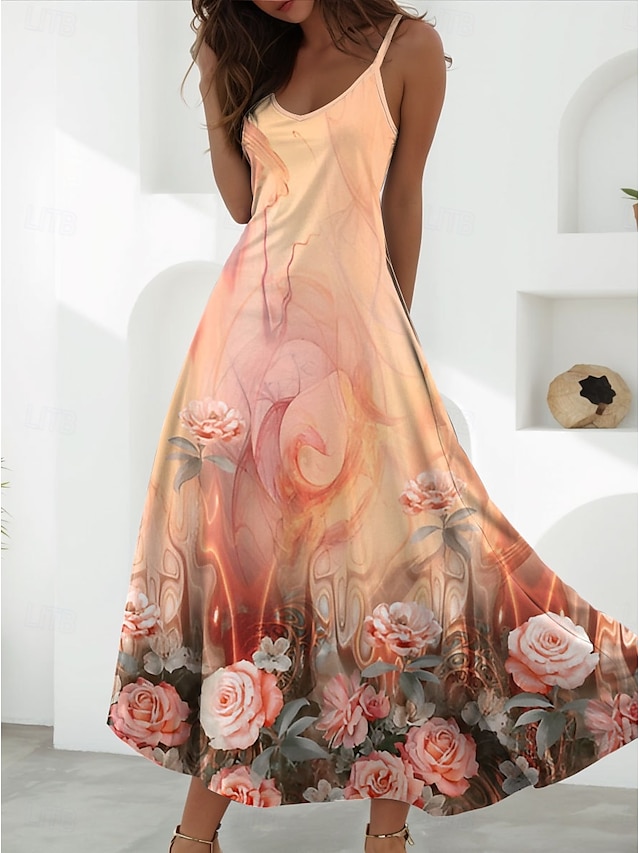  Women's Maxi Dress A Line Dress Summer Dress Slip Dress Vacation Casual Daily Regular Fit Floral Graphic Sleeveless V Neck Spaghetti Strap White Blue Orange Summer Spring