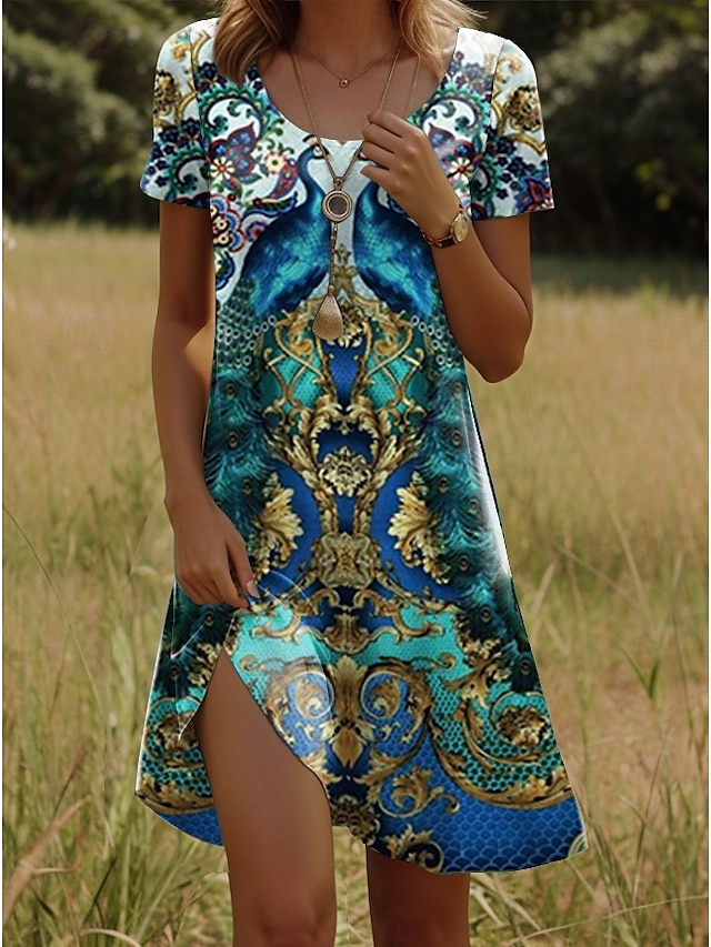  Ženské mini šaty A-line šaty tričkové šaty T-shirt šaty sundress dovolená boho pláž každodenní pravidelný střih geometrické paisley krátký rukáv kulatý výstřih safírová léto