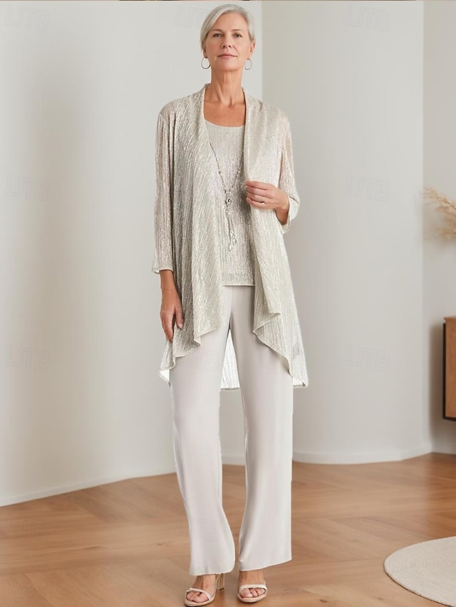  Tuta  Completo Due Pezzi Madre della Sposa Elegante Collo Gioiello Lunghezza Terra Giacca Lucida con Pantaloni in Chiffon 2025