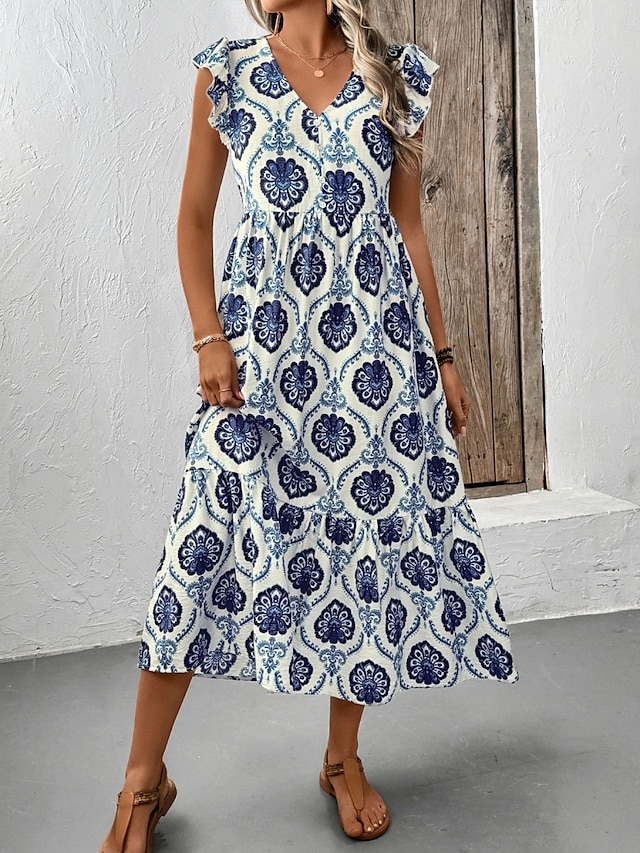  Damen Maxikleid A-Linien-Kleid Fit and Flare Kleid Lässig Boho Urlaub Täglich Regelmäßige Passform Grafik Ärmellos V-Ausschnitt Blau Sommer