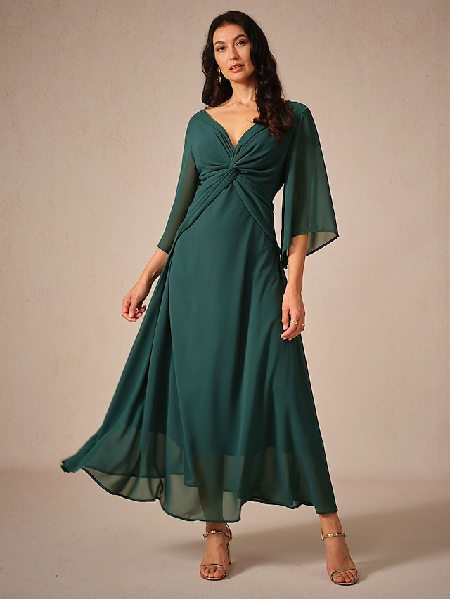  rochie de cocktail pentru invitați la nuntă pentru femei șifon uni cu volane răsucite elegantă rochie maxi de vară cu decolteu în V mânecă evazată lungime 3/4