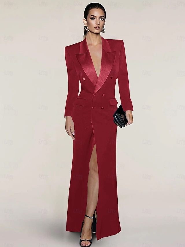  Abito da Sera Sirena  Tromba Abito Elegante Ospiti Matrimonio Lunghezza Piena Maniche Lunghe Collo A Alette Seta con Tasche