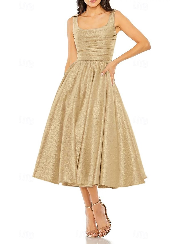  Vestido de Festa A-Line em Jacquard Dourado Elegante Vestido Formal Convidada de Casamento Comprimento de Chá Sem Mangas Decote Quadrado com Pregas Vestido de Convidada de Casamento Franzido