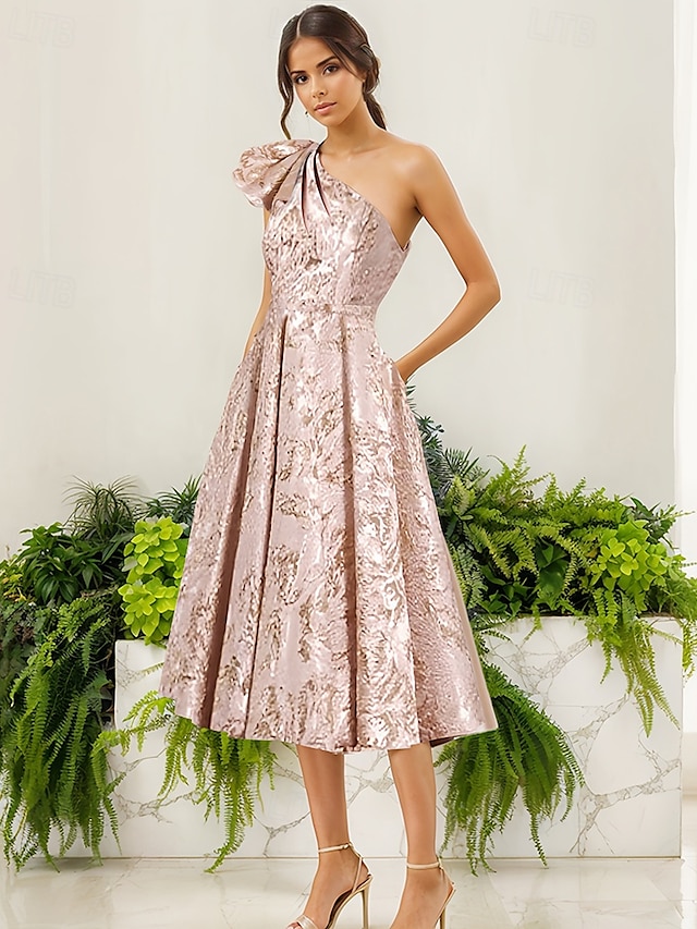  Evening Gown Jacquard Brocade Pleated Dress Formal Wedding Tea Length Sleeveless One Shoulder with Bow(s) Wedding Guest Dress