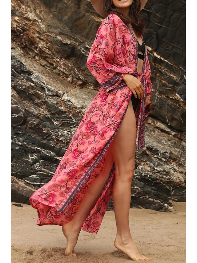  Femmes Maillots de Bain Vêtement couvrant Maillot de bain Nœud devant Tropical Tenues de plage Fleur Fil en V manche longue Maillots de bain