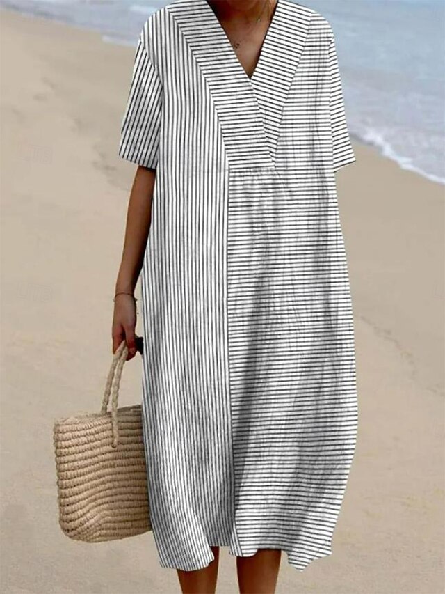Women's Midi Dress Sundress Vacation Casual Beach Daily Going out Loose Fit Graphic Stripe Short Sleeve V Neck Ash Summer3