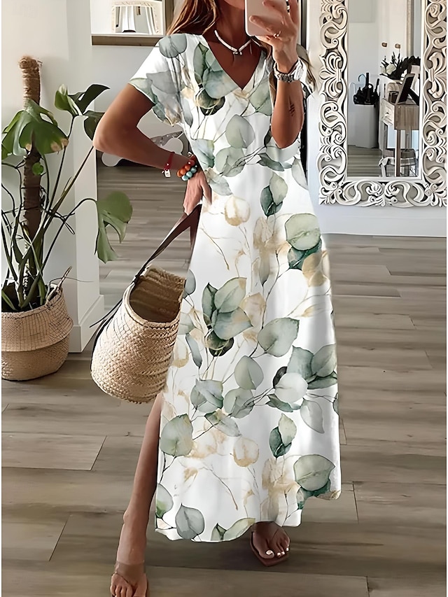  Damen Maxikleid A-Linien-Kleid Urlaub Lässig Strand Urlaub Tägliches Ausgehen Regelmäßige Passform Floral Grafik Blatt Kurzarm V-Ausschnitt Hellgrün Frühling Herbst