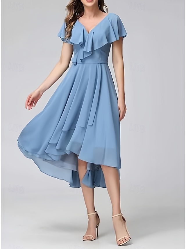 A-Line Bridesmaid Dress V Neck Short Sleeve Elegant Asymmetrical ...