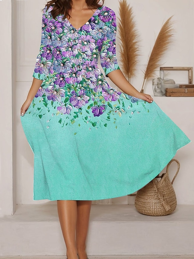 Vrouwen's Maxi Jurk Zomerse Jurk A-lijn Jurk Vakantie Casual Dagelijks Regelmatige Pasvorm Bloemengrafiek Korte Mouw V Hals Roze Blauw Groen Zomer