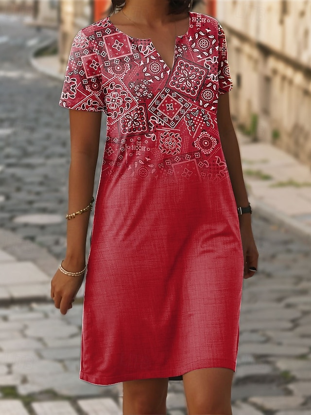  Frau Mini-Kleid Lässig Kleid T-Shirt Kleid Tee Kleid Shift Kleid Sommerkleid Elegant Stilvoll Formal Urlaub Arbeit Lässig Leinenartig Regulär Passform Grafik Geometrisch Kurzarm Rundhals Rot