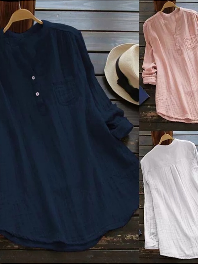  Per donna Camicia Camicie ispirate al lino Blusa Semplice Essenziale Casual Manica Lunga Scollo a V Top Regolari Quotidiano Ferie Bottoni Tasca Bianco Rosa Blu marino Estate