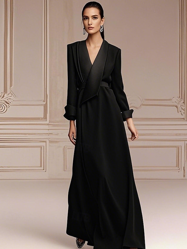  Blazer Klänning A-Linje Brudens Mor Klänning Tuxedoklänning Elegant Enkel Minimalistisk V-hals Golvlängd Satin Lång Ärm med Färgblock
