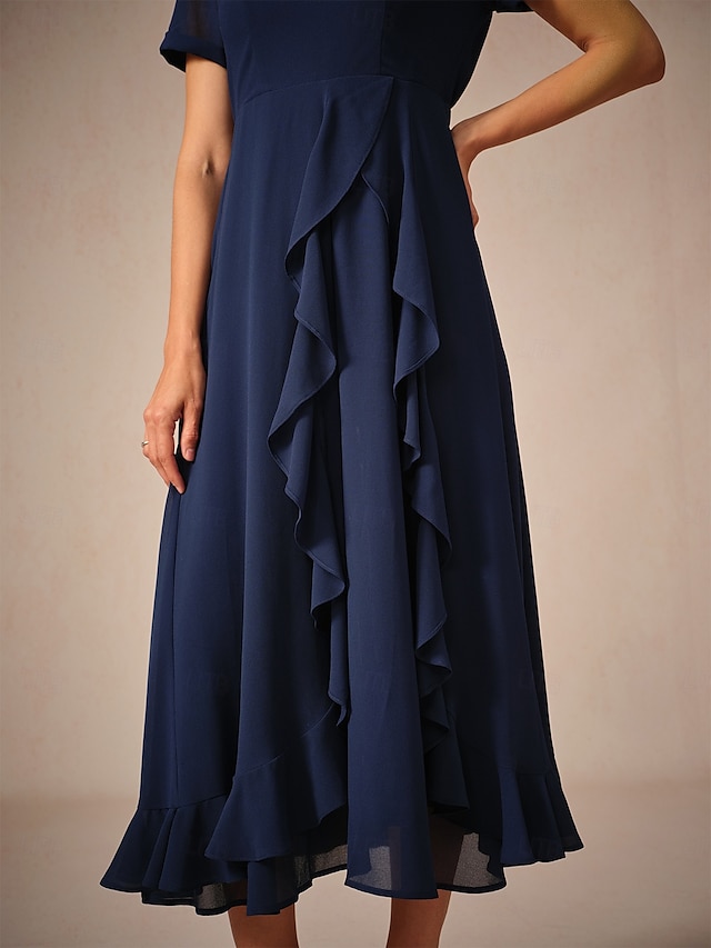  Damen Maxidress A Linie Kleid Elegant Ausgefallene Hochzeit kleid hochzeitsgast Lockere Passform Feste Farbe Kurzarm Asymmetrisch V Ausschnitt Marineblau Sommer Frühling