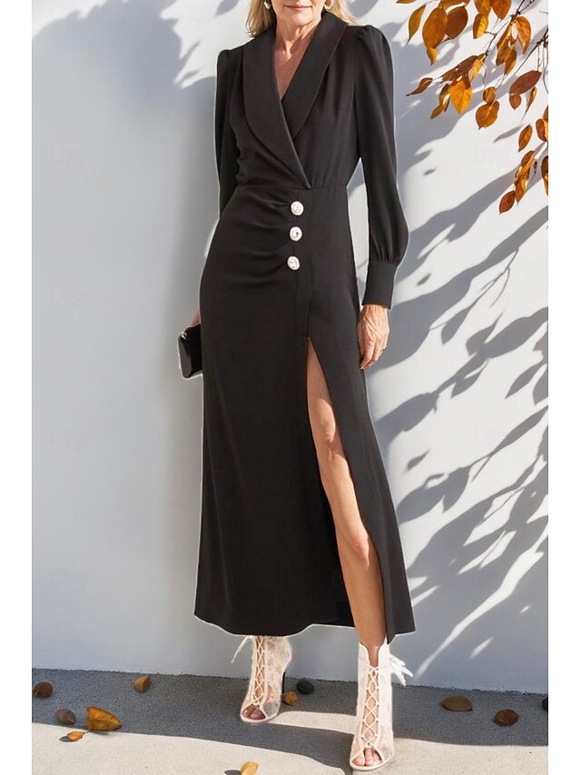  Blazer Dress Mermaid / Trumpet Mother of the Bride Dress Tuxedo Dress Elegant High Split V Neck Floor Length Satin Lightweight Crepe Puff Sleeve Crystal Buttons with Slit