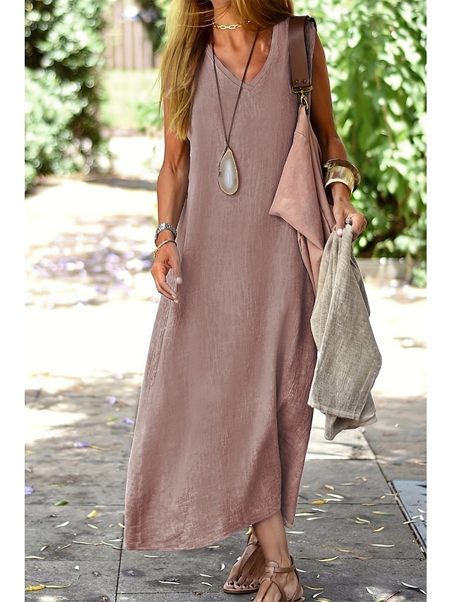  Damen Midikleid Leinen-inspirierte Kleider Freizeitkleid Baumwoll-Leinenkleid Sommerkleid Mode Basic Urlaub Täglich Ausgehen Normale Passform Einfach Ärmellos V Ausschnitt Leicht Braun Khaki Leicht