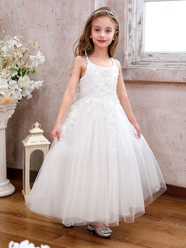  Vestido de Daminha de Flores Longo até o Tornozelo Quinceanera Sofia Rapunzel Meninas Vestido Fofo de Festas Tule com Aplicações Mini Vestido de Noiva de 3 a 16 Anos