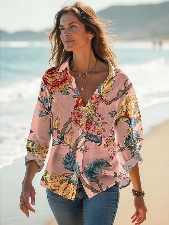  Damen Bluse Floral Grafik Stilvoll Lässig Leinenähnlich Langarmshirt Kragen Reguläre Tops Täglich Urlaub Leinenähnlich Ausgehen Knöpfe Weiß Pink Grün Sommer Frühling