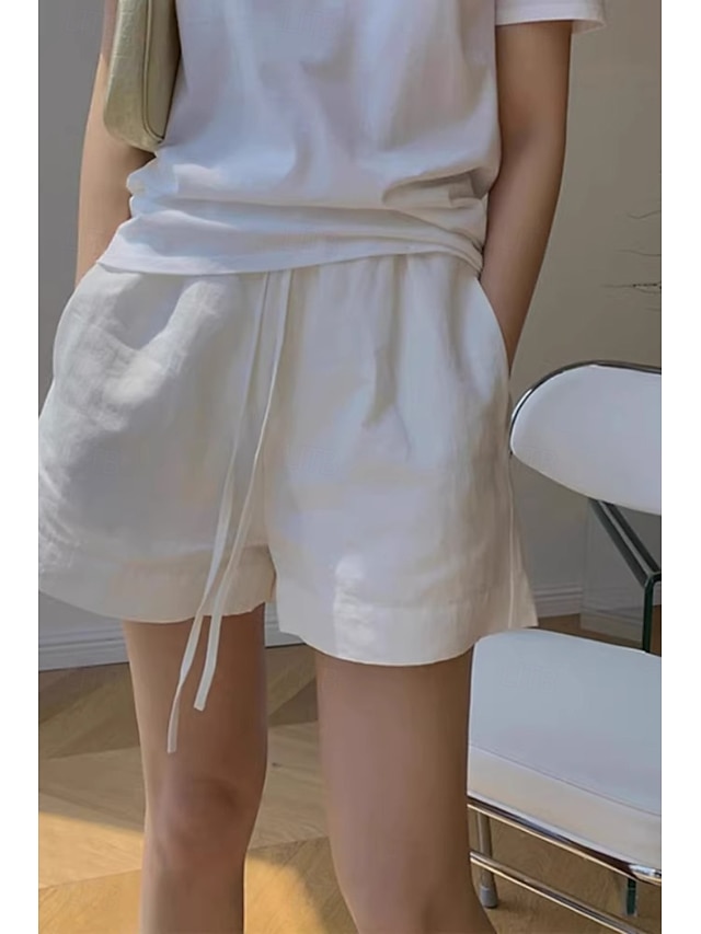  女性用 コットンリネンショートパンツ ショーツ スラックス ストリートファッション カジュアル ショート ナチュラルウエスト 平織り ポケット 弾性巾着デザイン 通気性 ソフト 快適 マイクロエラスティック カジュアル デイリーウェア ホワイト 夏 レギュラー