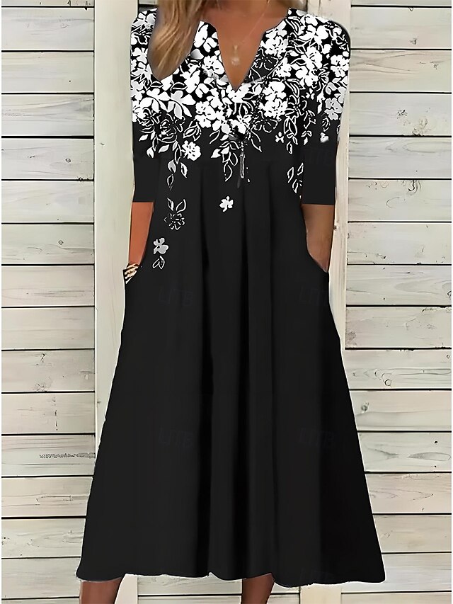 Women's Midi Dress Black Dress A Line Dress Vacation Vintage Boho Vacation Casual Daily Regular Fit Floral Half Sleeve Split Neck Black Summer Spring4