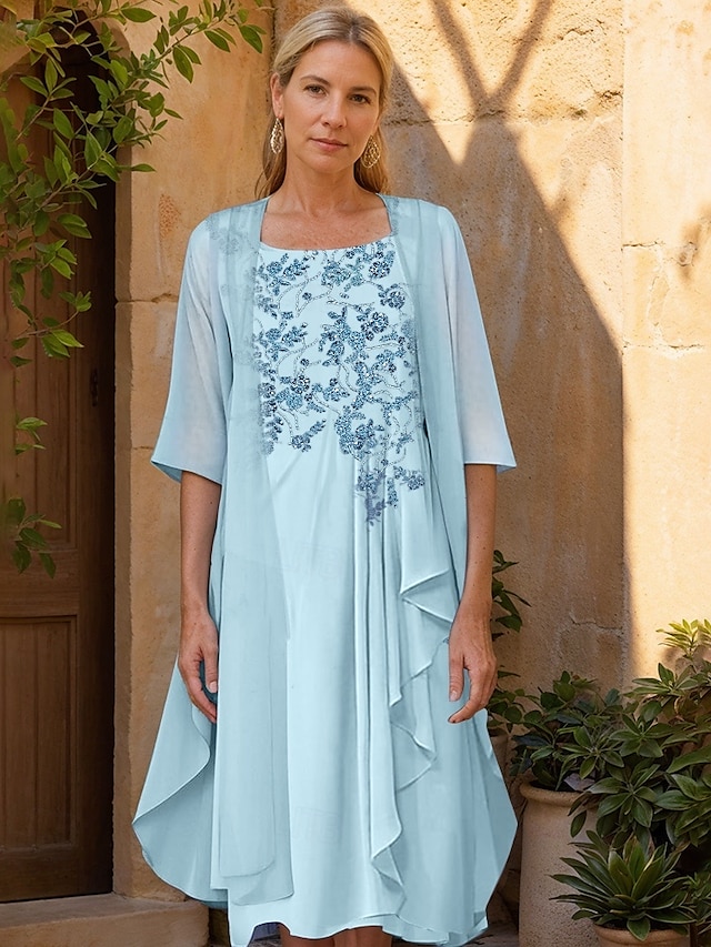  Zweiteilig A-Linie Brautmutterkleid Elegant Minimalistisch Glanz & Glamour Rundhalsausschnitt Knielang Chiffon Spitze Halbarm Mit Schal Jackenkleider mit Perlenstickerei Rüschen Applikationen 2025