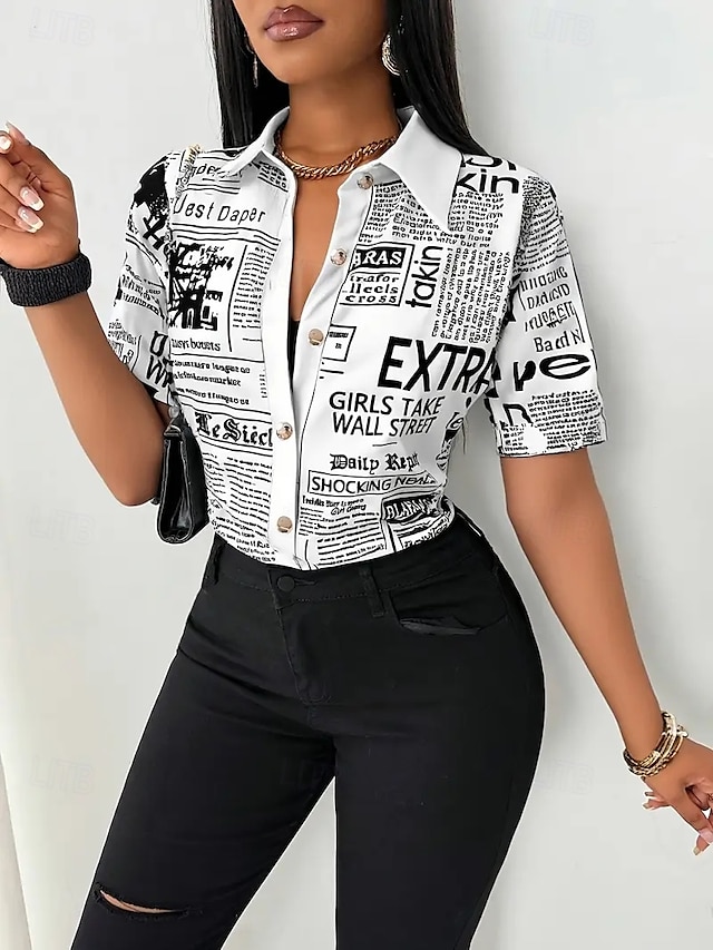  Blusa Per donna Nero Bianco Rosa Giornale Fibbia Stampa Quotidiano Elegante Scollo a V Vestibilità regolare S