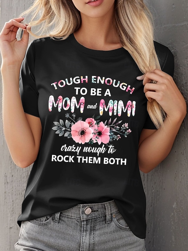  Moederdag Dames T-shirt Bloemig Grafisch Brief Casual Korte mouw Ronde hals Normale tops Dagelijks Afdrukken Zwart Paars gebroken wit Zomer