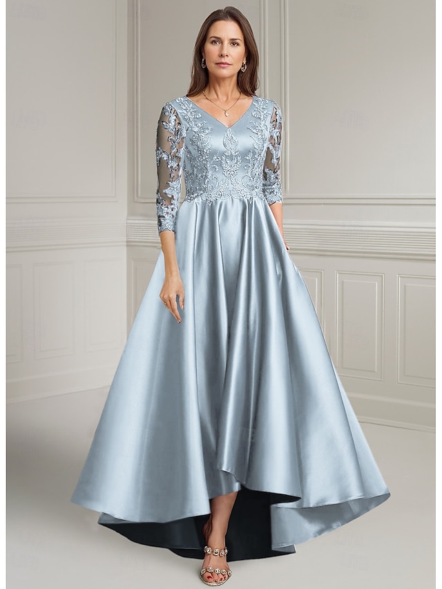  Purple A-Line Mother of the Bride Dress Elegant Vintage V Neck Asymmetrical Satin Long Sleeve with Lace Appliques Solid Color