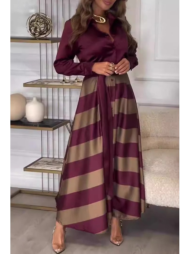  Women's Long Dress Maxi Dress Cocktail Dress Fashion Tea Party Going out Weekend Regular Fit Striped Long Sleeve V Neck Black Wine Summer