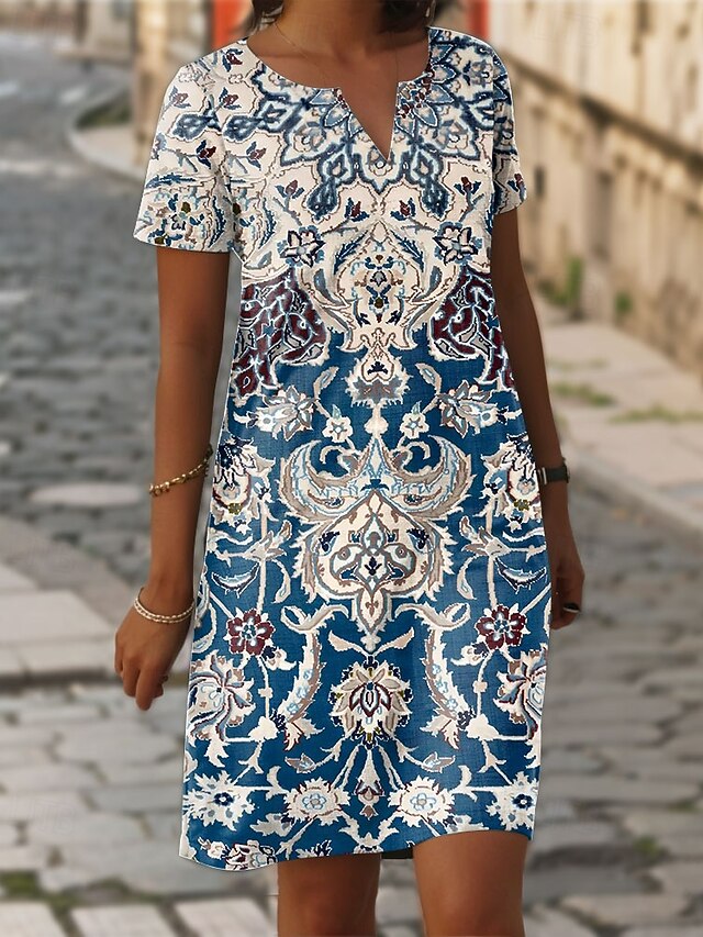 Women's Mini Dress Casual Dress T Shirt Dress Tee Dress Shift Dress Summer Dress Elegant Stylish Formal Vacation Work Casual Linen Like Regular Fit Graphic Bohemian Short Sleeve V Neck Blue Summer3