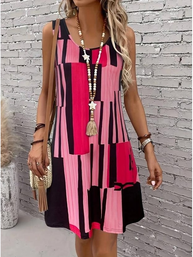  Women's Mini Dress Summer Dress Vacation Casual Beach Vacation Daily Beach Loose Fit Graphic Striped Geometry Sleeveless Crew Neck Dark Pink Brown Summer Spring