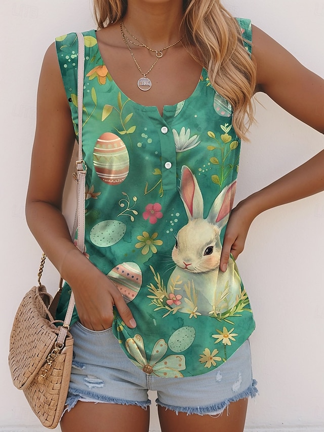  Easter Women's Camisole Tank Top Floral Animal Casual Sleeveless Sleeveless U Neck Regular Tops Daily Buttons Print Green Summer