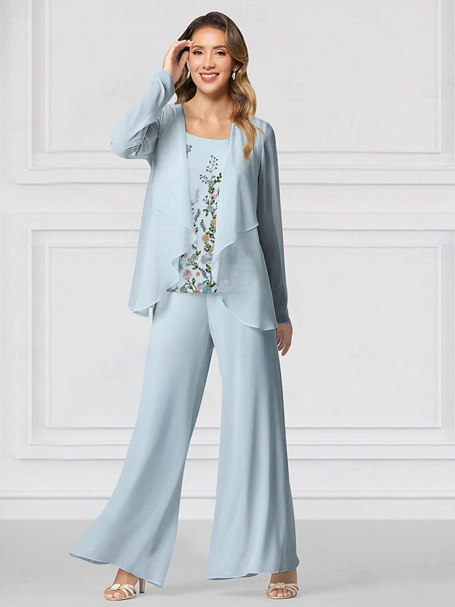  Completo Pantaloni Floreali Blu Rosa 3 Pezzi Madre della Sposa Ospite di Matrimonio Elegante Scollo Gioiello Lunghezza Fino al Pavimento Chiffon Maniche Lunghe Cappotto Incluso con Ruches in Pizzo