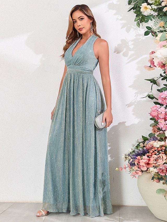  A-Linie Hochzeitsgastkleider Elegantes Kleid Hochzeitsgast Party Wear Bodenlänglich Ärmellos V-Ausschnitt Herbst Hochzeitsgast Baumwollmischung mit Pailletten