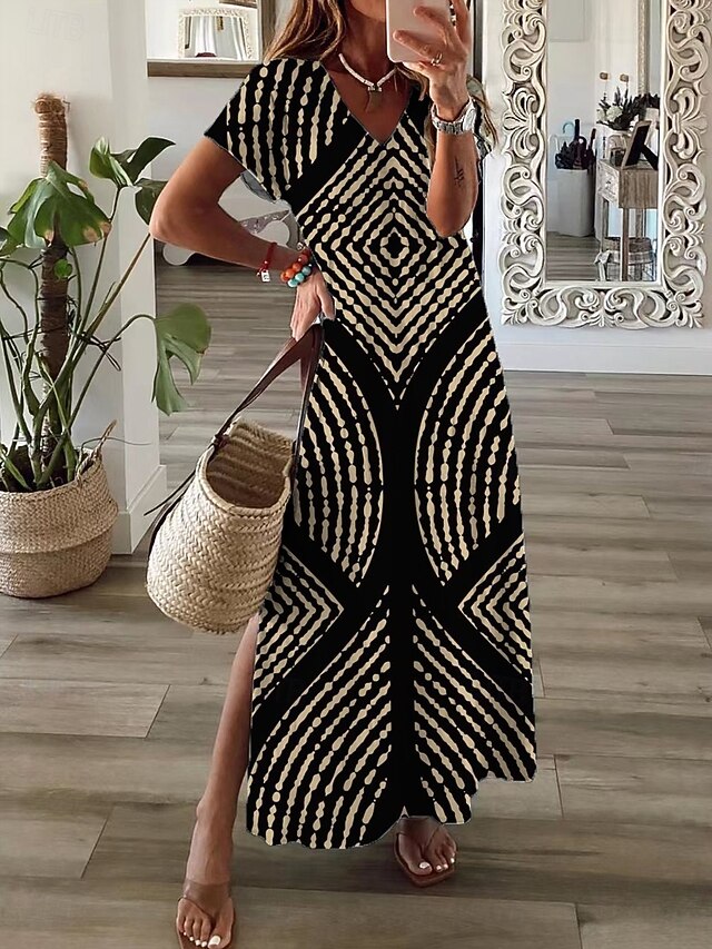 Women's Maxi Dress T Shirt Dress Tee Dress Sundress Shift Dress Summer Dress Bohemia Vintage Party Holiday Beach Regular Fit Geometric Vintage Bohemian Short Sleeve Crew Neck Black Summer Spring4