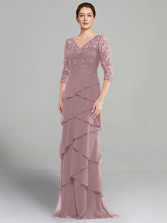  Vestido Sheath Mãe da Noiva Vestido Elegante Decote em V Comprimento do Chão Chiffon Stretch Mangas Médias com Renda Camadas em Cor Sólida