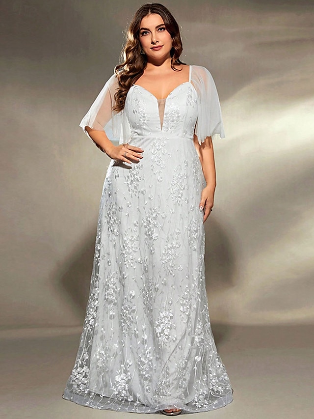  Plus Size Kleid Brautmutter Kurven Kleid Elegant V-Ausschnitt Bodenlang Polyester Kurzarm mit Spitze