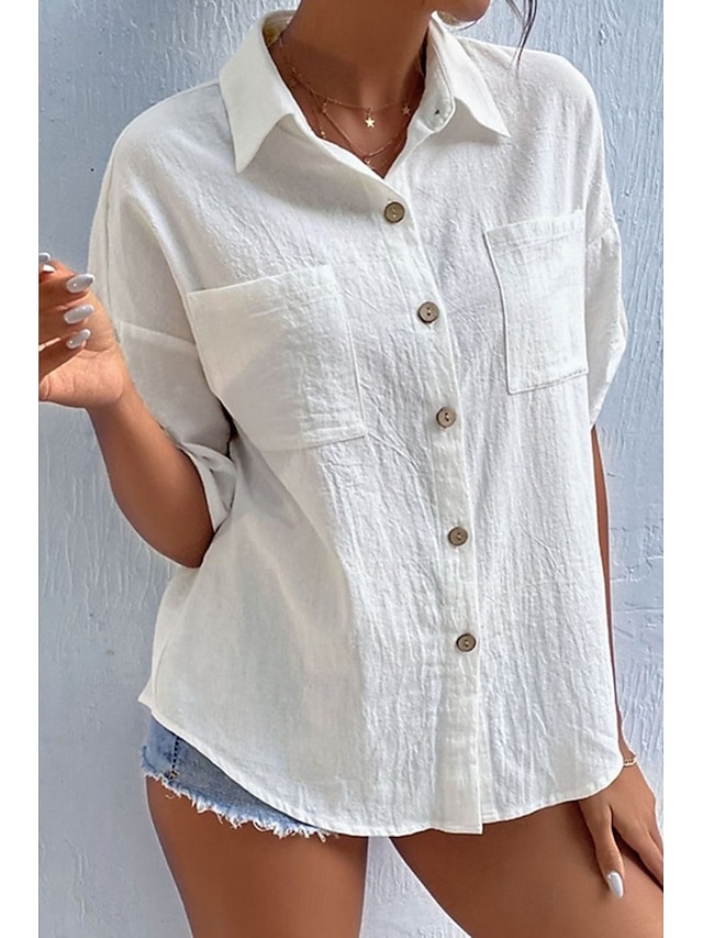  Damen Hemd Baumwoll-Leinen-Hemden Knopfleiste Bluse Einfach Basic Lässig Kurzarm Hemdkragen Normale Oberteile Ferien Ausgehen Knöpfe Tasche Schwarz Weiß Marineblau Khaki Grau Sommer