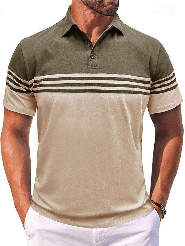  Homme Polo en coton mélangé Chemise de golf Occasionnel Sports Classique Manche Courte Mode Frais Bloc de Couleur Rayures Boutons Été Printemps & Automne Coupe régulière Marron Sapin Gris foncé Noir